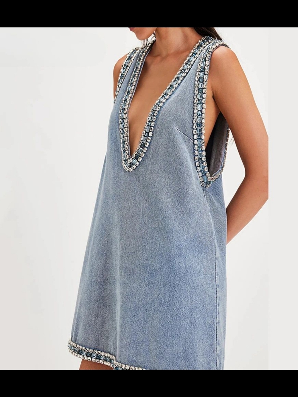 Embellished Light Blue Denim Mini Dress - Deep V